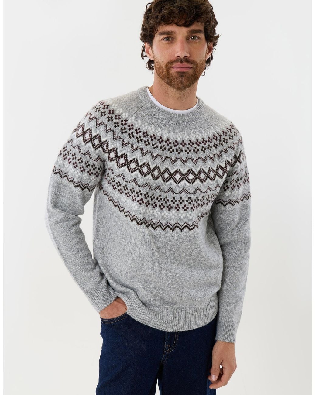 Threadbare Gray Geometric Fairisle Knitted Christmas Jumper for men