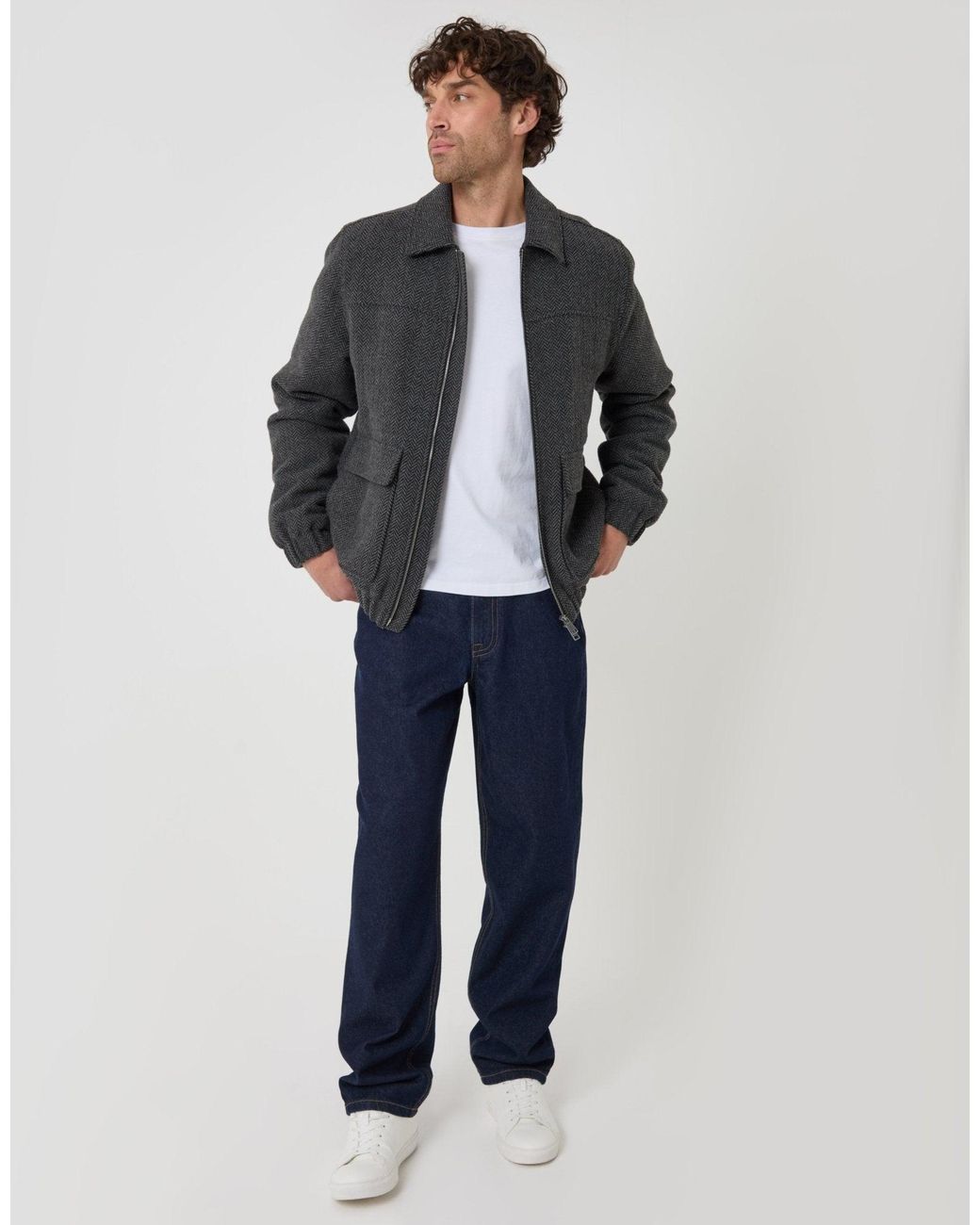Threadbare Blue Herringbone Faux Wool Collared Jacket for men