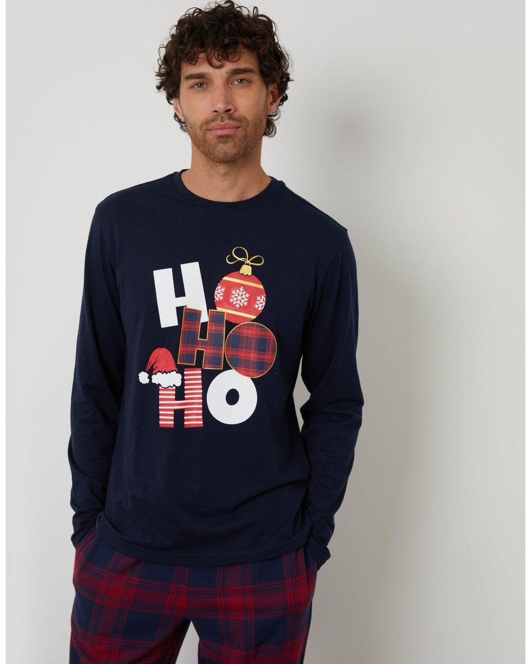 Threadbare Blue Long Check Christmas Pyjama Set for men
