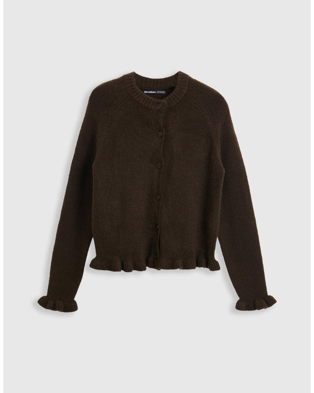 Threadbare Brown Crew Neck Ruffle Cardigan