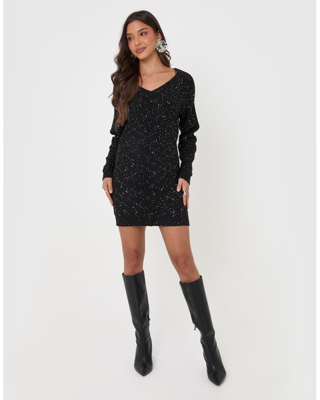 Threadbare Black V Neck Sequin Knit Dress
