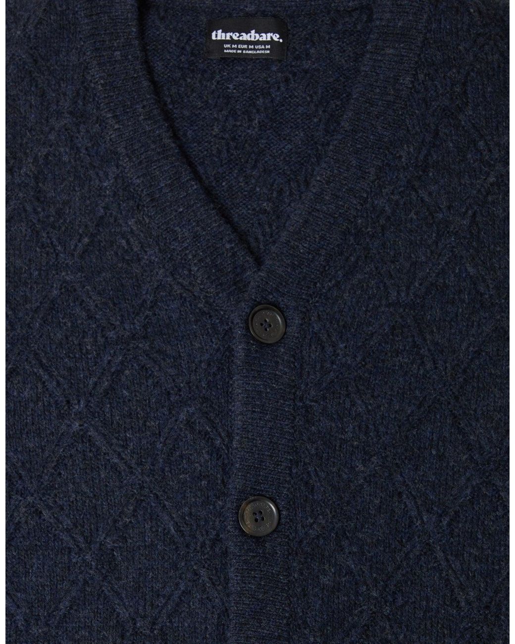 Threadbare Blue Diamond Cable Knit V Neck Cardigan for men