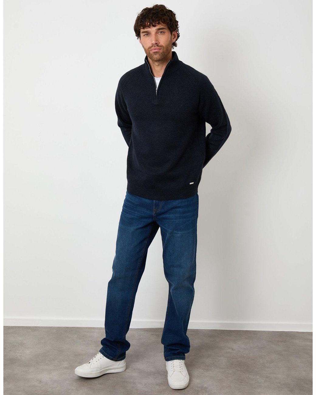 Threadbare Blue Raglan Rib Quarter Zip Knitted Jumper for men
