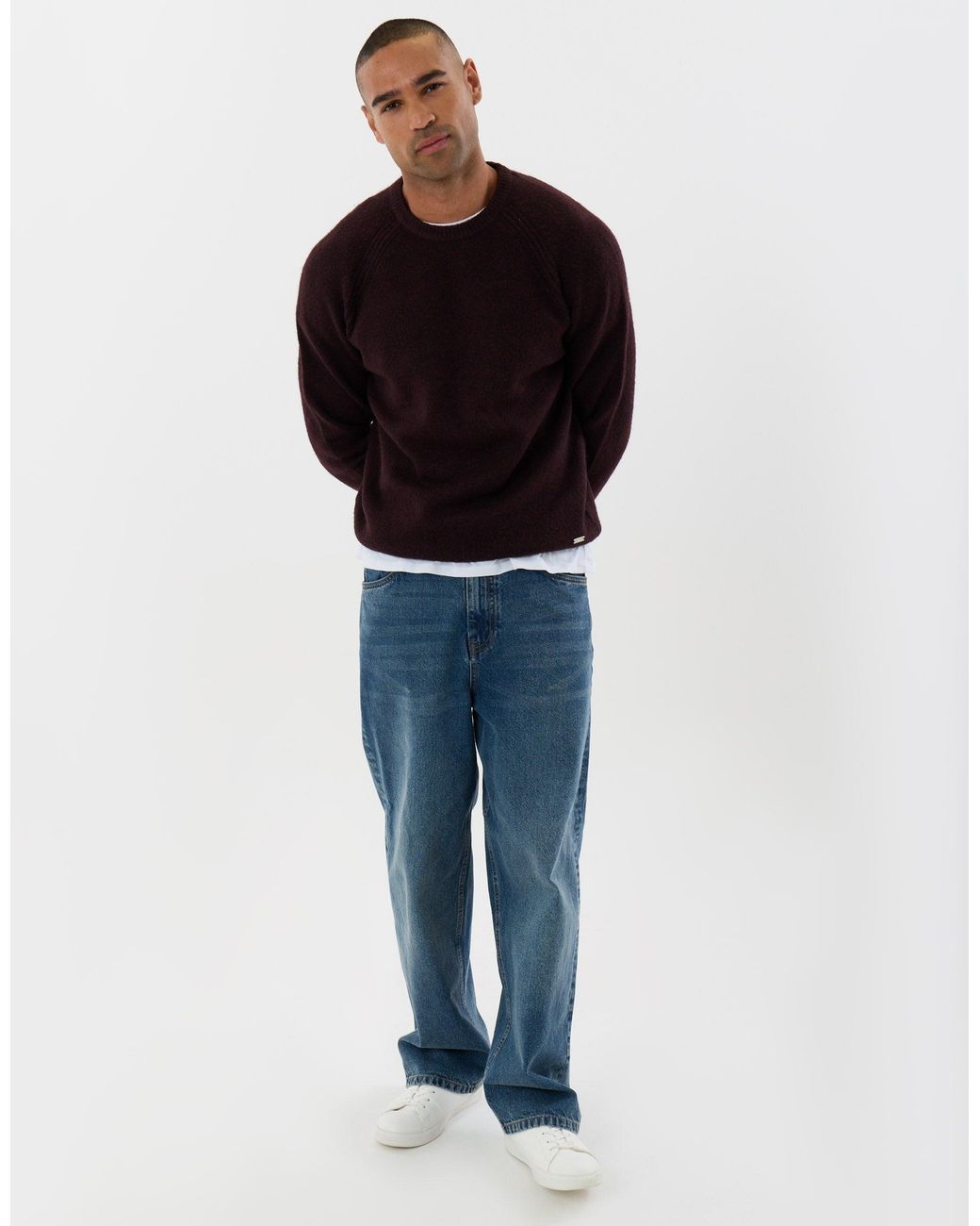 Threadbare Blue Raglan Rib Knitted Crew Neck Jumper for men