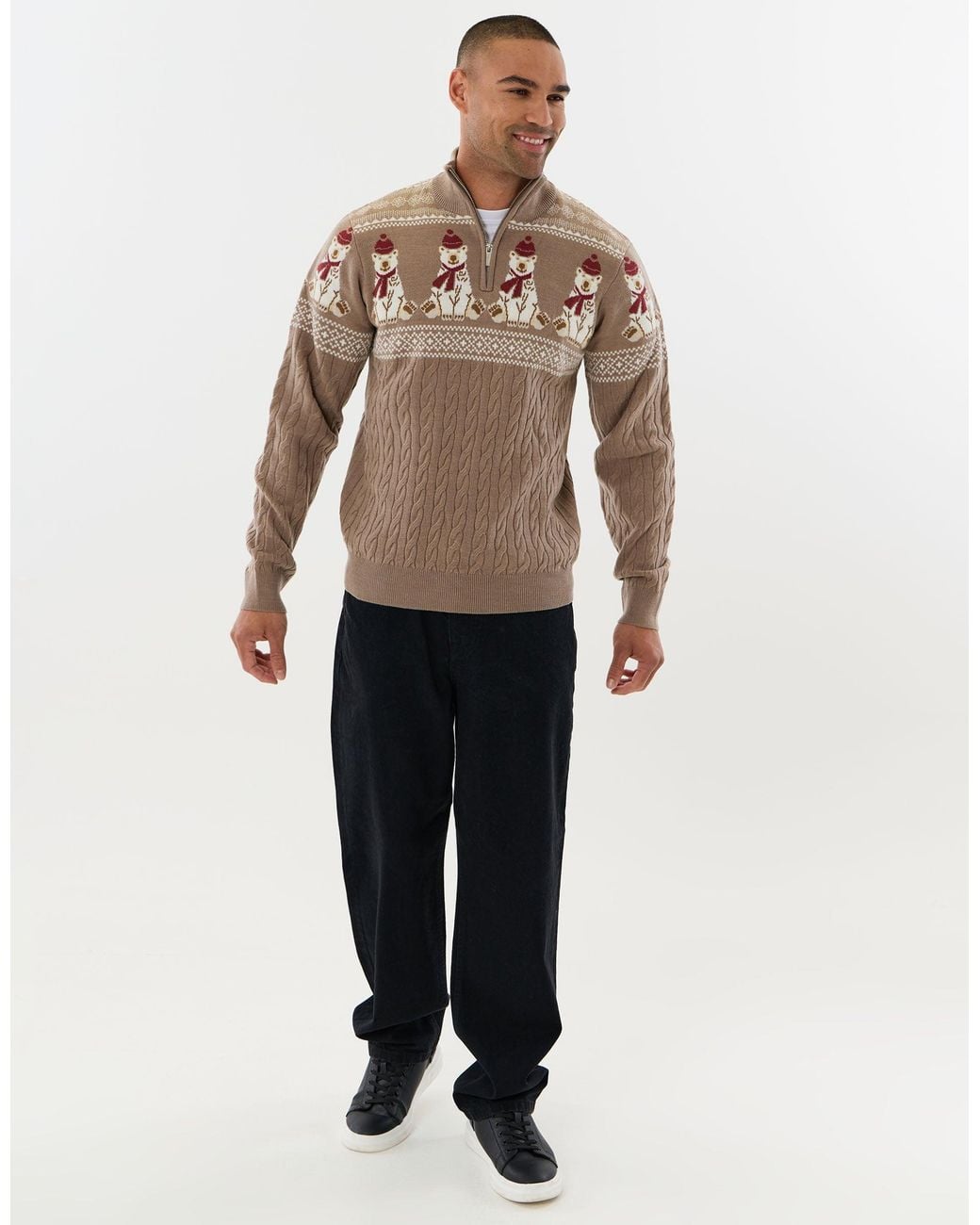 Threadbare Brown Christmas Bear Fairisle Quarter Zip Jumper for men