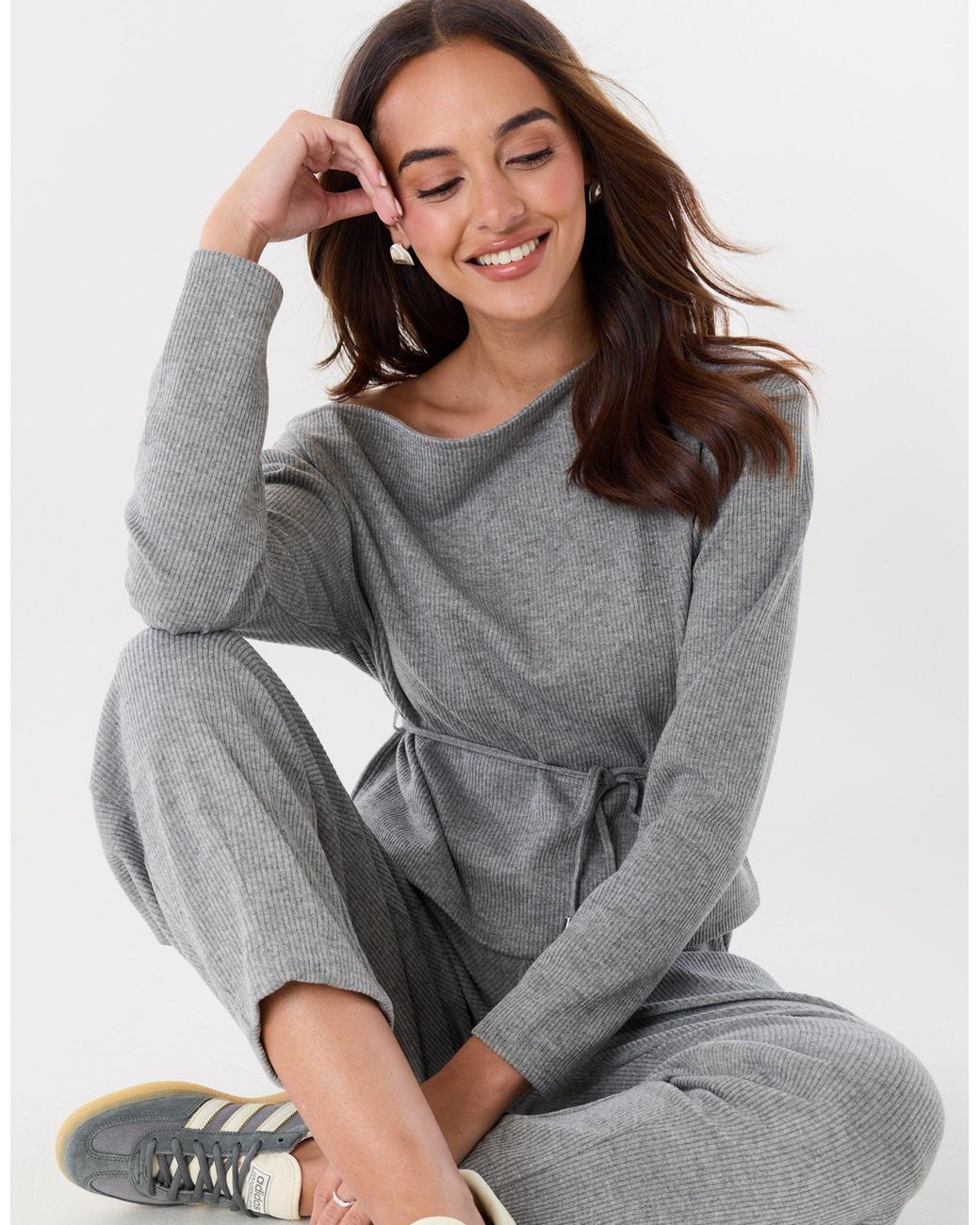 Threadbare Gray Ribbed Slash Neck Top & Wide Leg Trousers Co-Ord