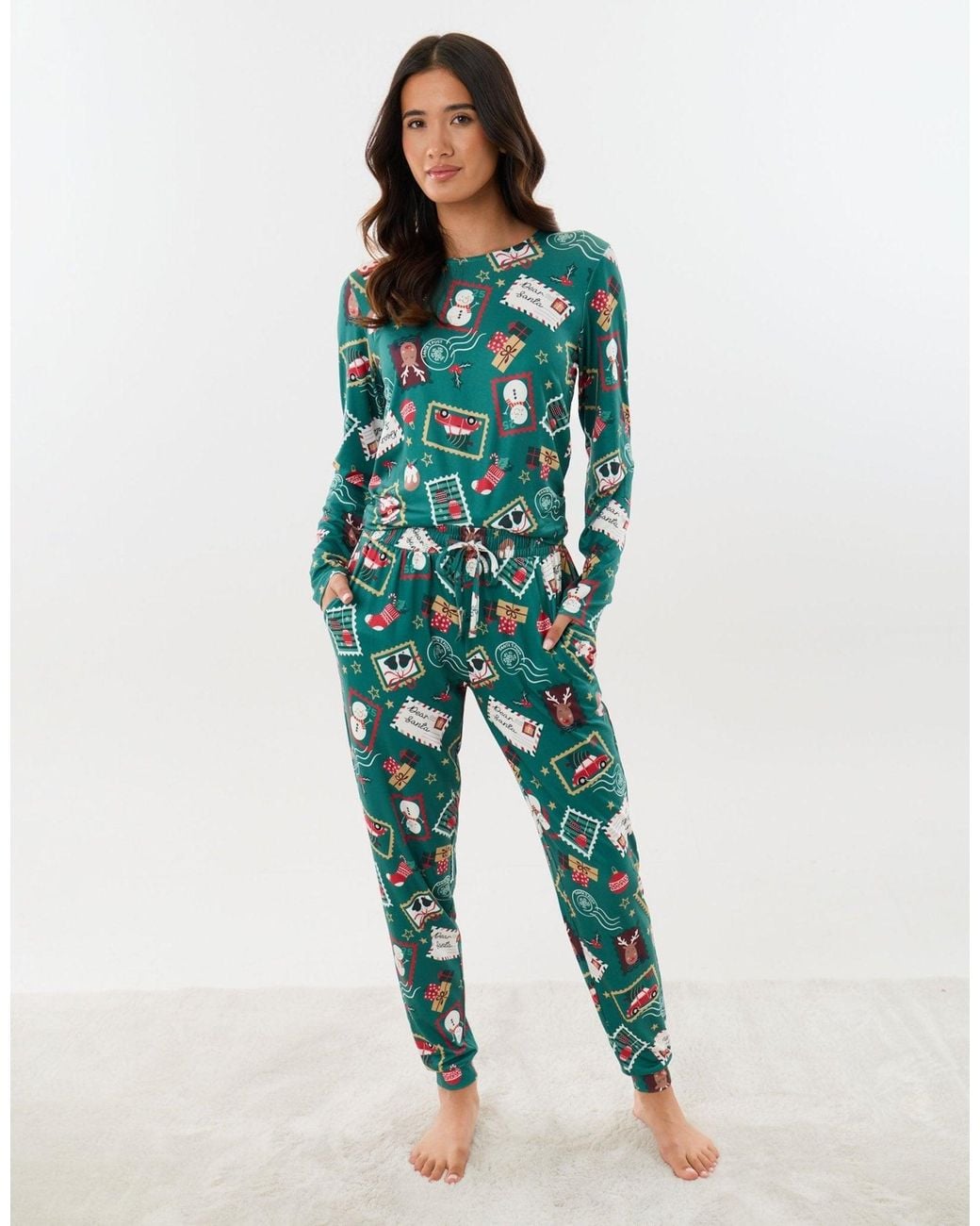 Threadbare Green Stamp Print Christmas Pyjama Set