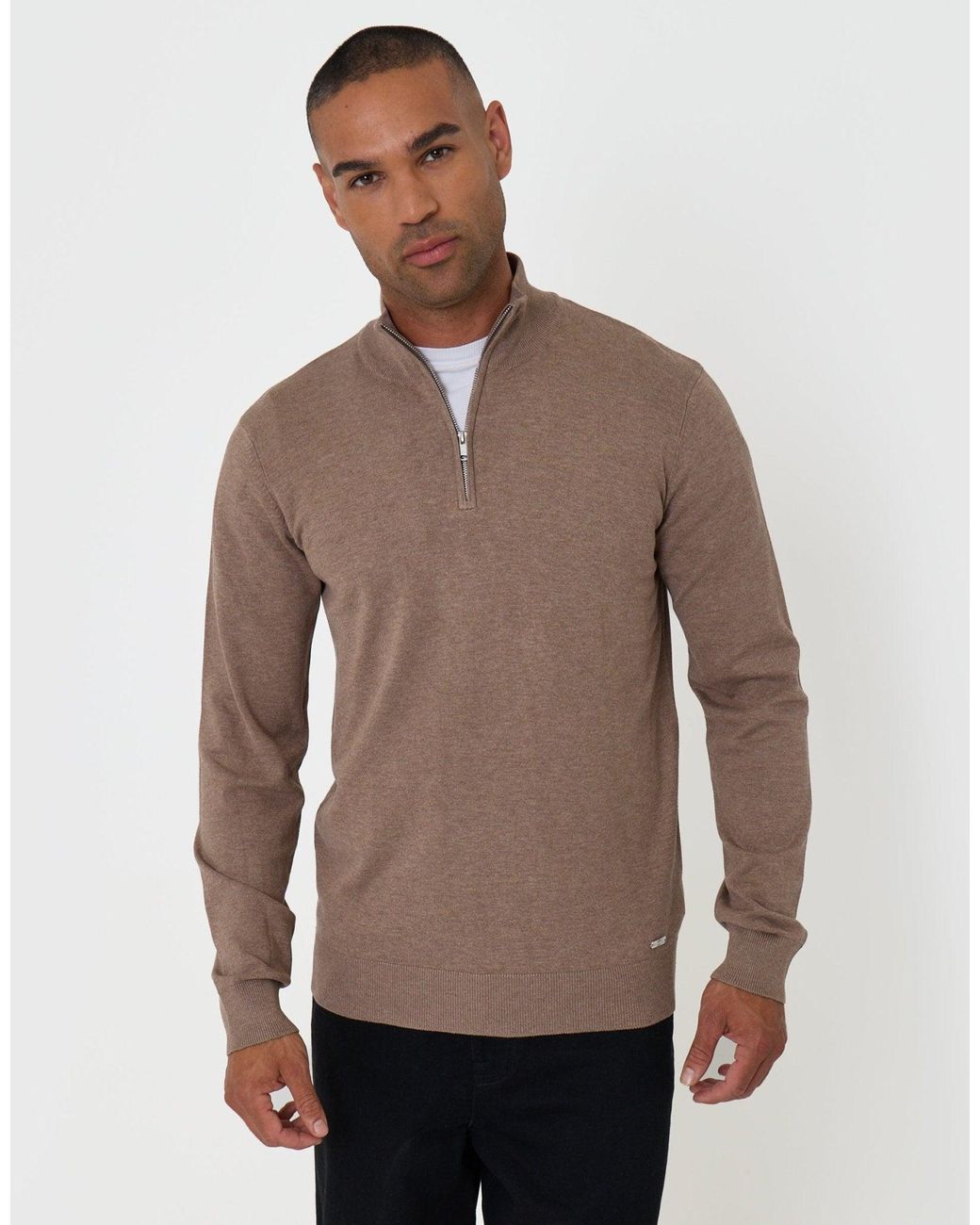 Threadbare Brown Funnel Neck Quarter Zip Knitted Jumper for men