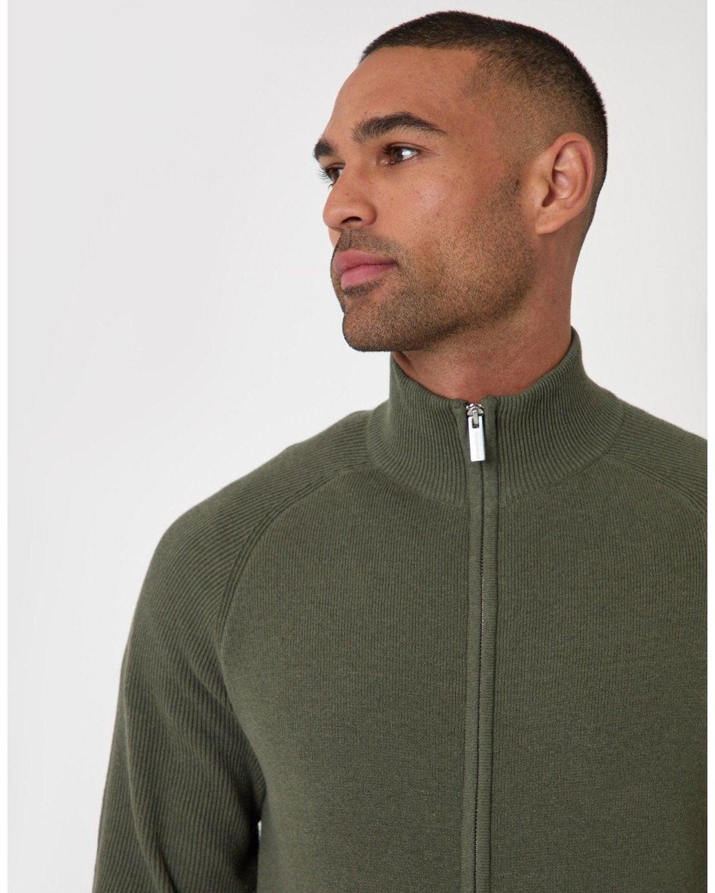Threadbare Green Cotton Rich Funnel Neck Zip Through Sweatshirt for men