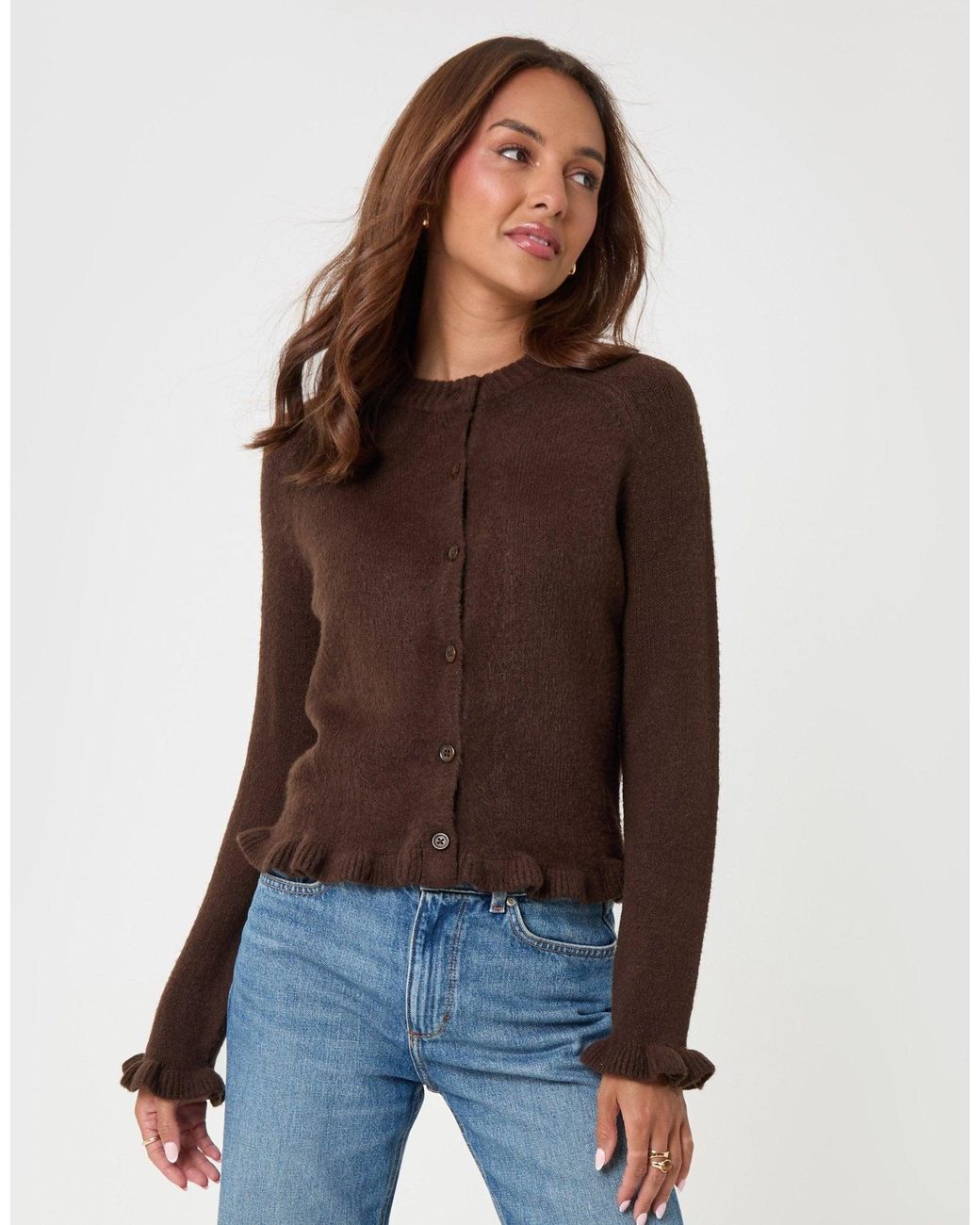 Threadbare Brown Crew Neck Ruffle Cardigan
