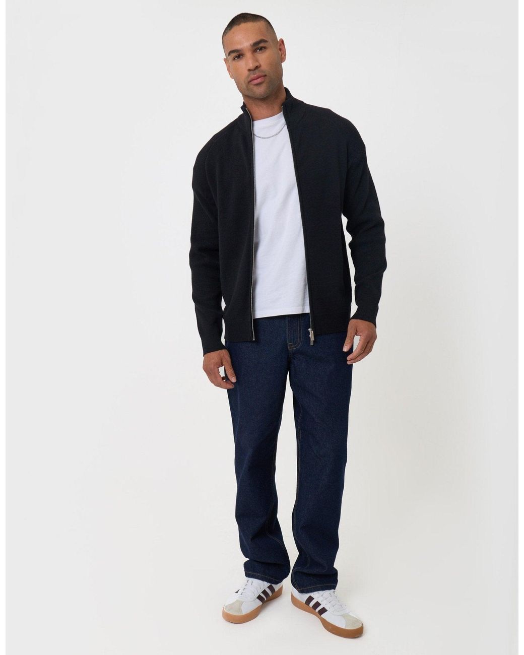 Threadbare Blue Knitted Zip Up Funnel Neck Cardigan for men