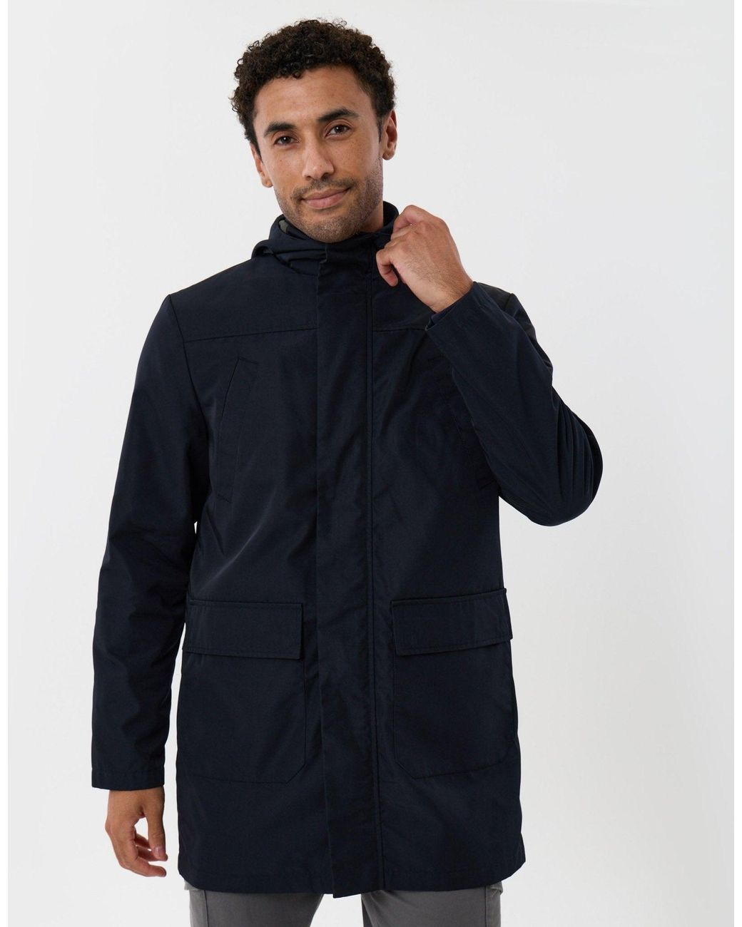 Threadbare Blue Showerproof Hooded Longline Mac With Patch Pockets for men