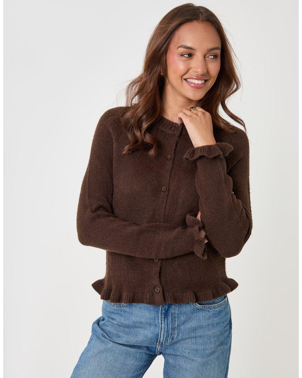 Threadbare Brown Crew Neck Ruffle Cardigan