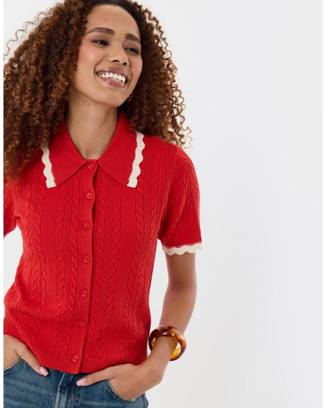 Threadbare Red Cable Knit Scallop Trim Polo