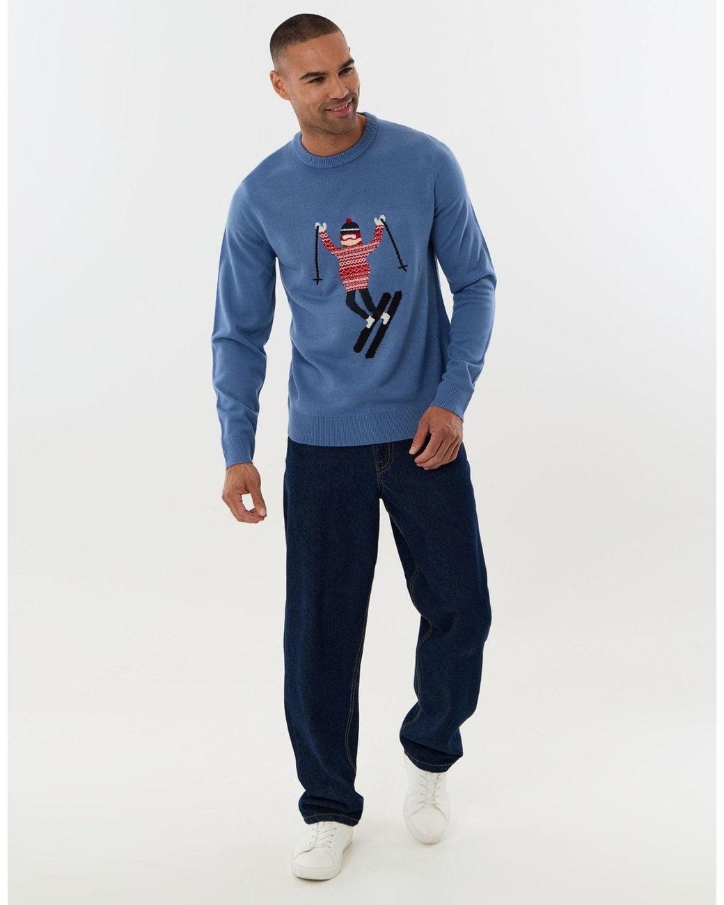 Threadbare Blue Knitted Skier Crew Neck Christmas Jumper for men
