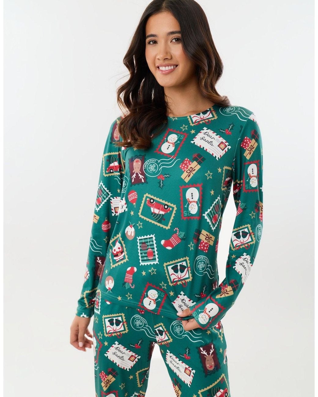 Threadbare Green Stamp Print Christmas Pyjama Set