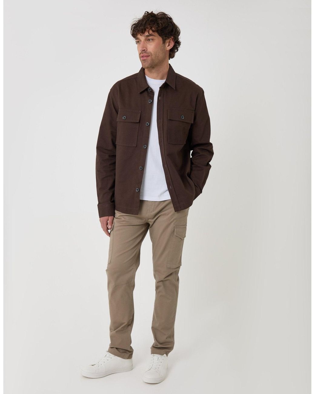 Threadbare Brown Cotton Twill Shacket With Pockets for men