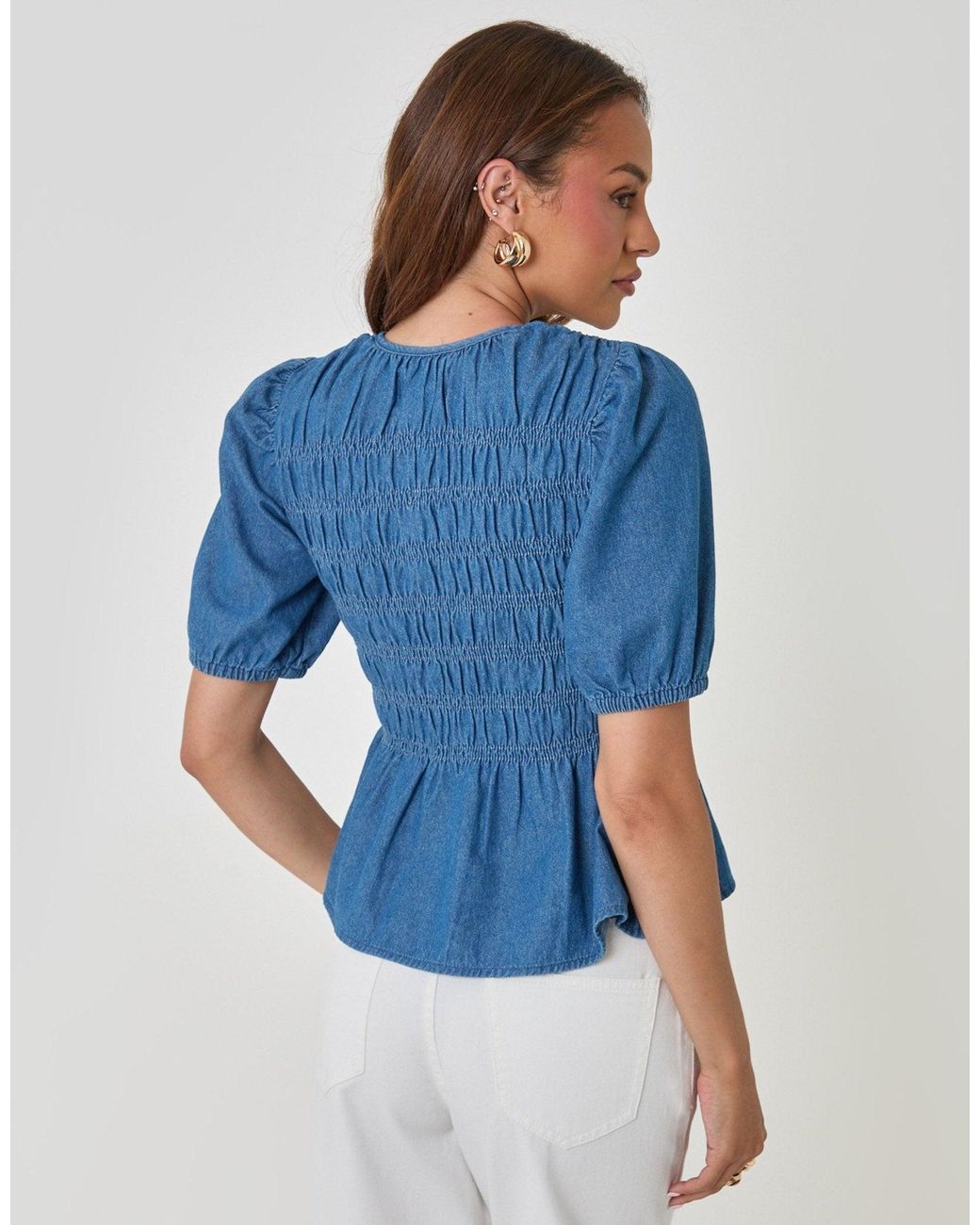 Threadbare Blue Denim Short Sleeve Smock Blouse