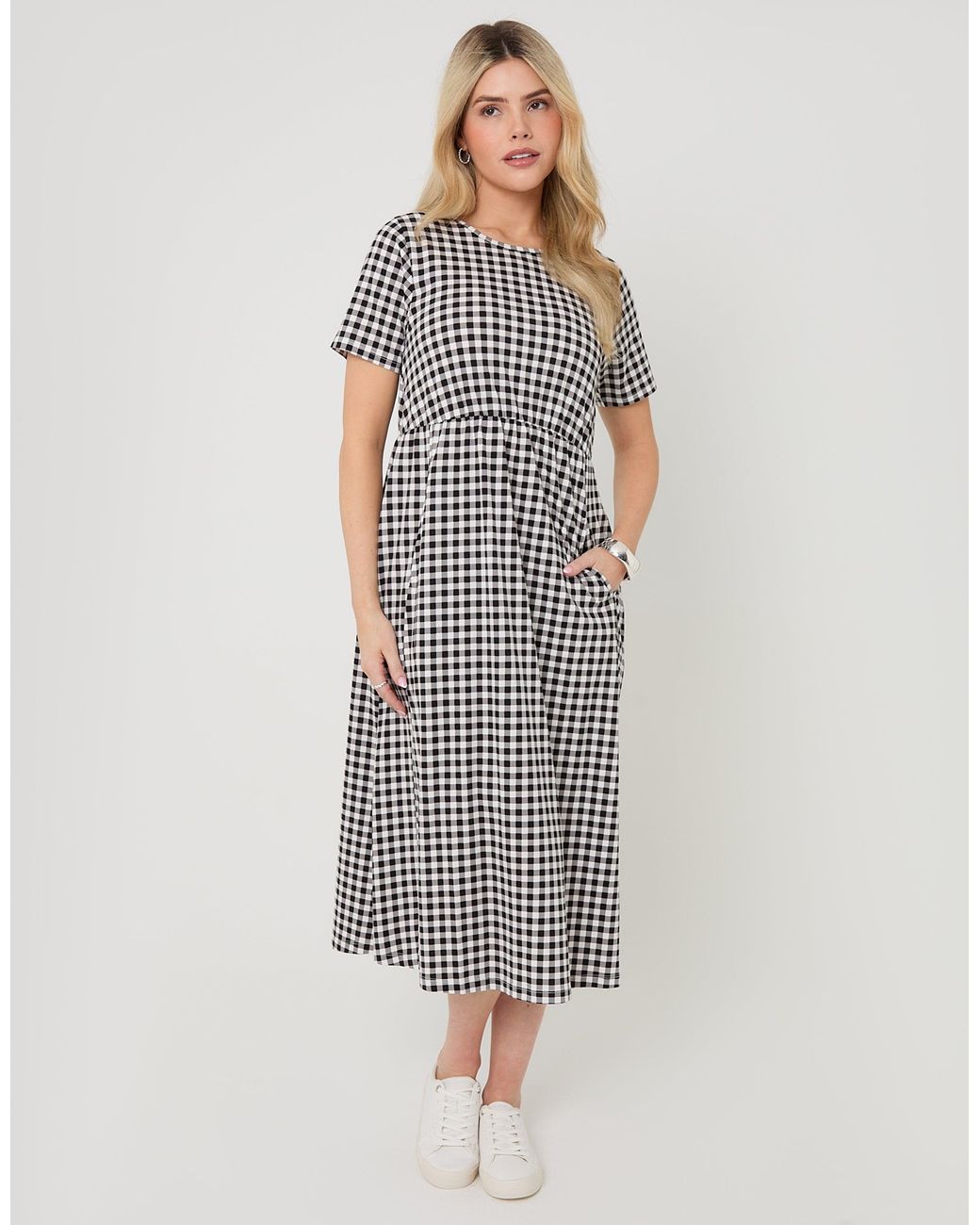 Threadbare White Gingham Jersey Midi Smock Dress With Pockets