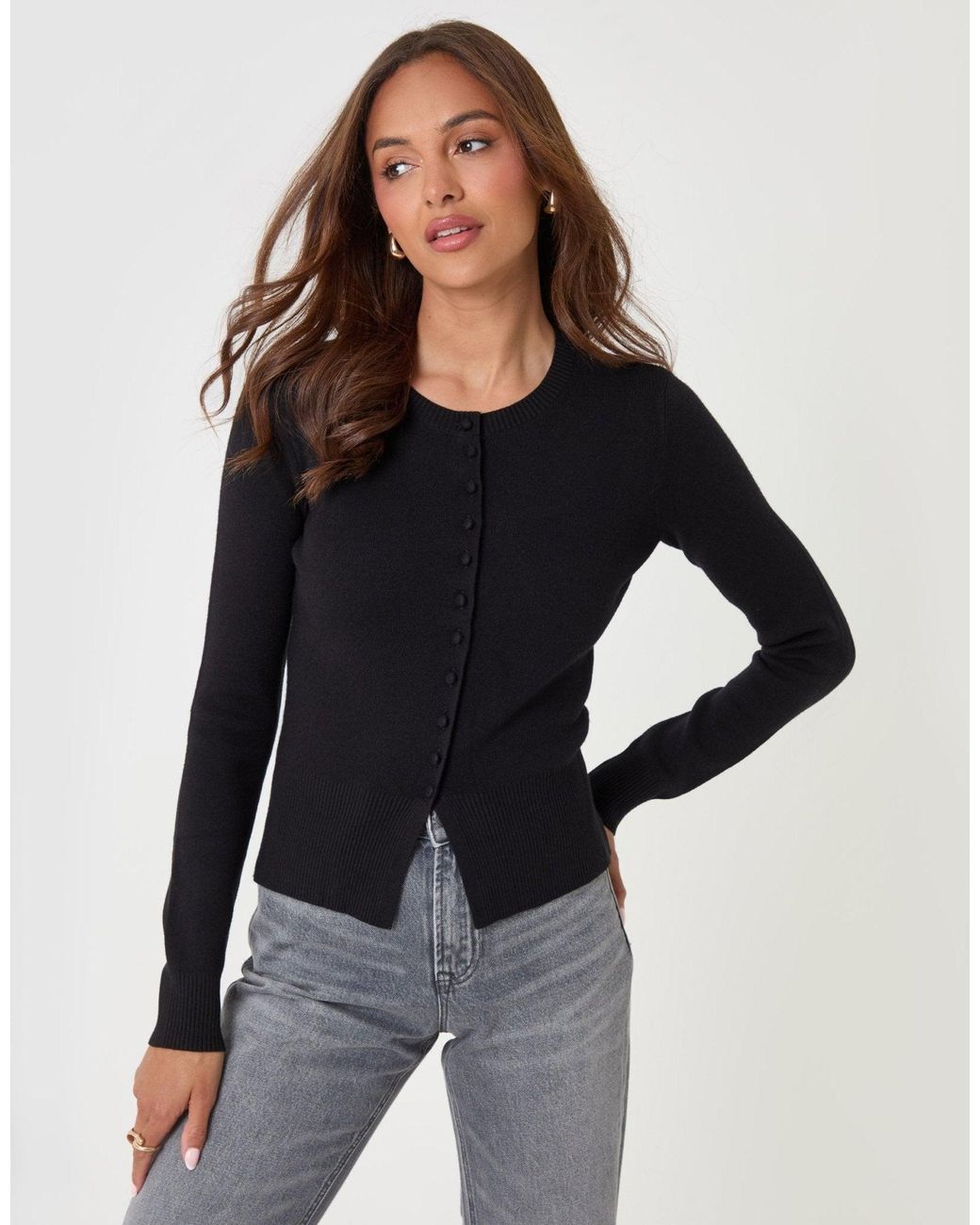 Threadbare Black Crew Neck Compact Knitted Cardigan