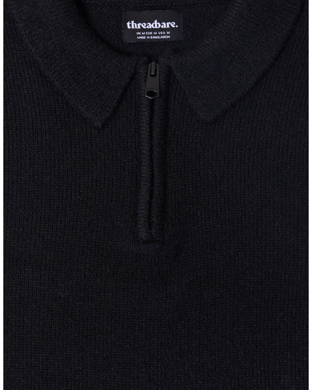 Threadbare Black Faux Wool Quarter Zip Polo for men