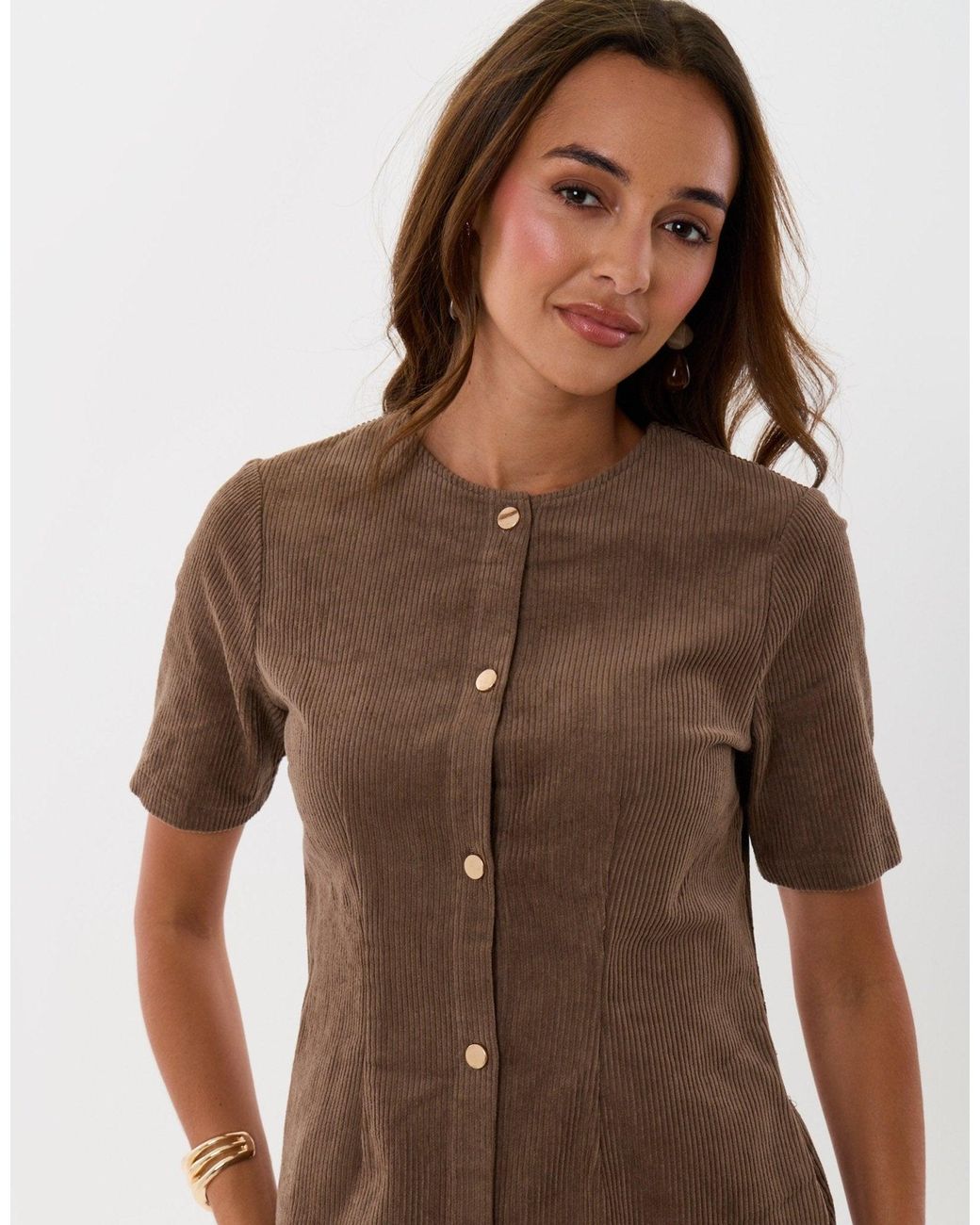 Threadbare Brown Corduroy Button Down Mini Dress
