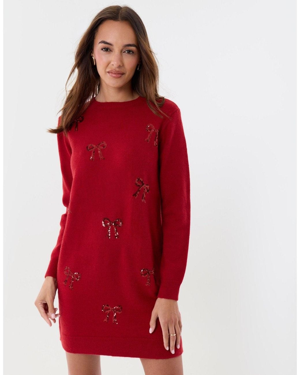 Threadbare Red Bow Embellished Knitted Mini Dress