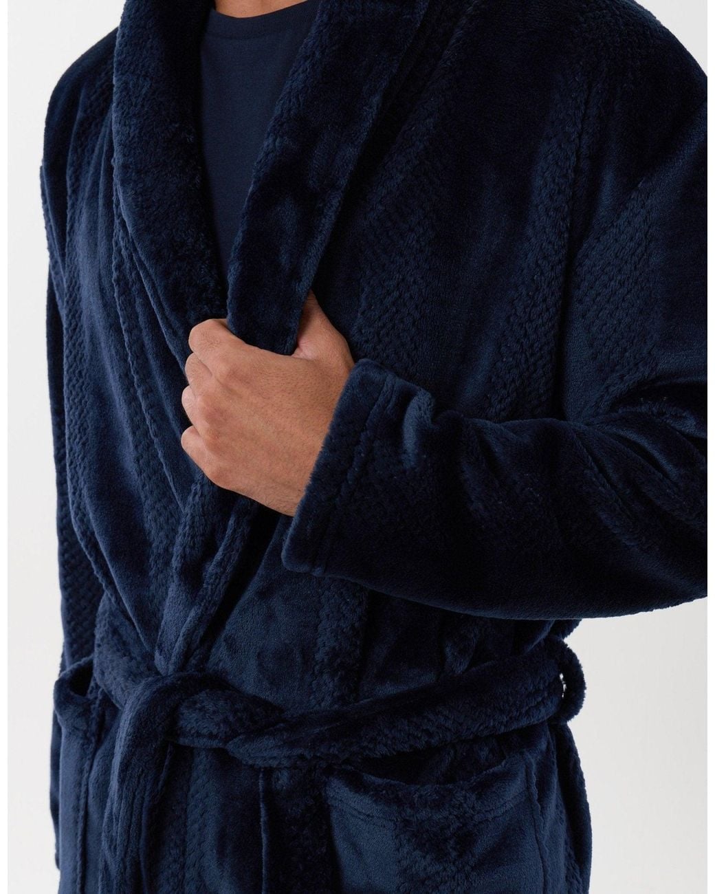 Threadbare Blue Textured Fleece Dressing Gown for men