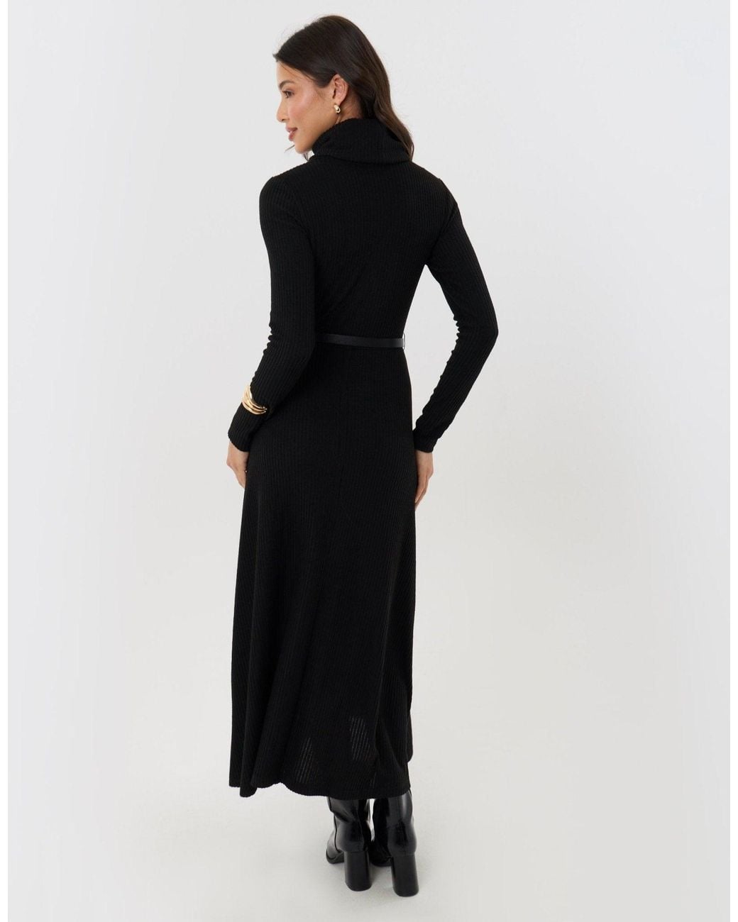 Threadbare Black Ribbed Roll Neck Maxi Dress With Belt