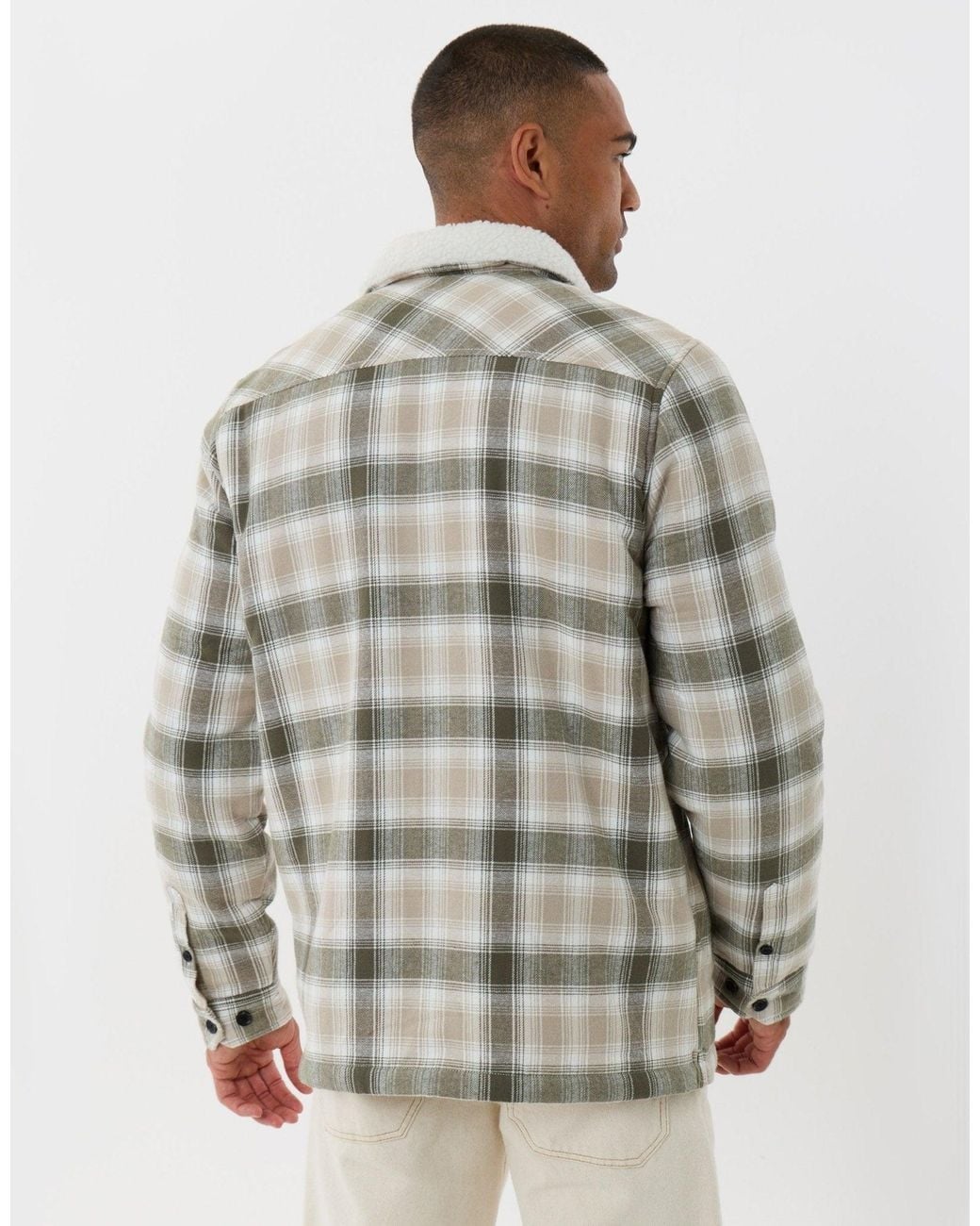 Threadbare Gray Cotton Flannel Shacket With Sherpa Collar & Lining for men