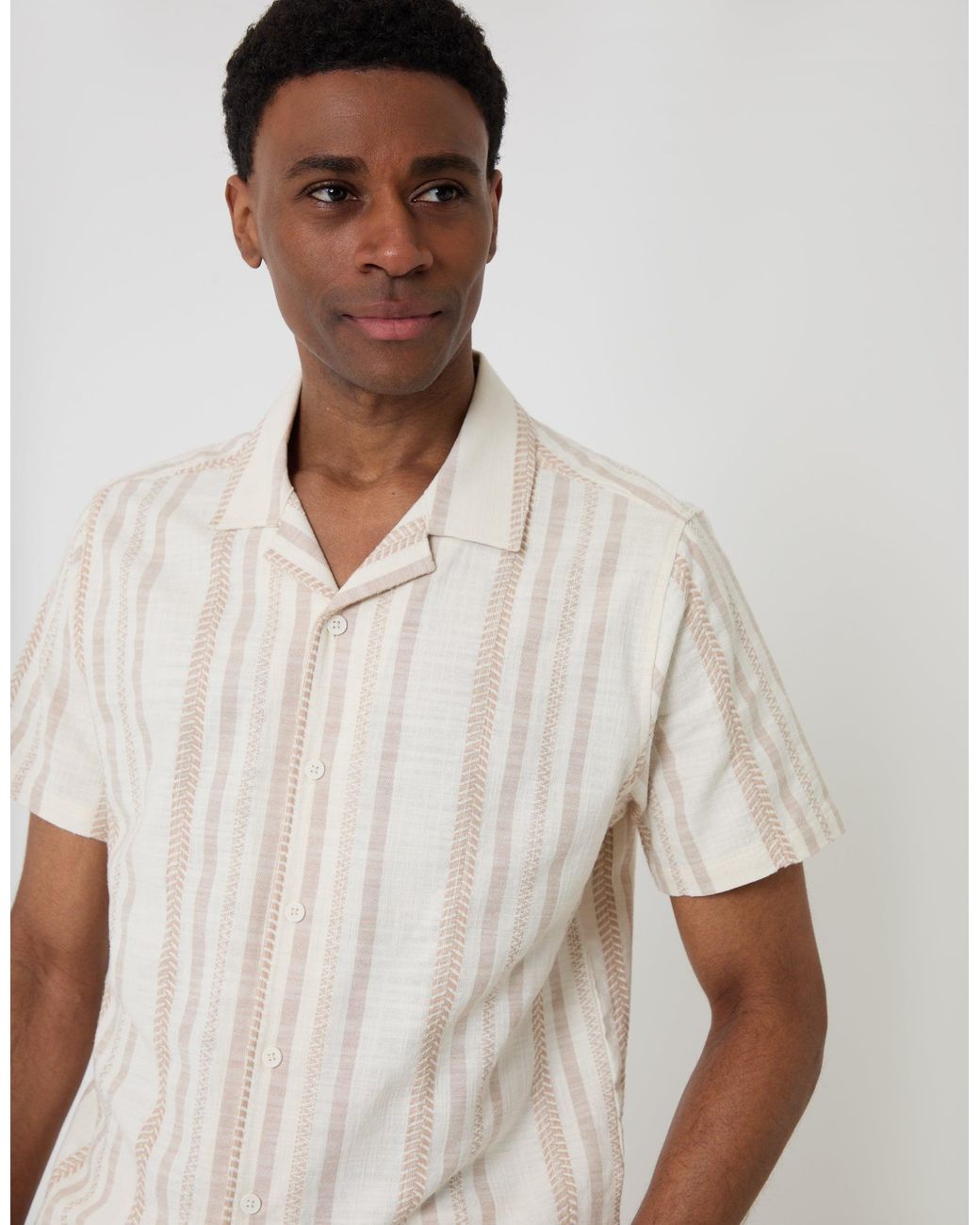 Threadbare Brown Chevron Stripe Textured Cotton Short Sleeve Shirt for men