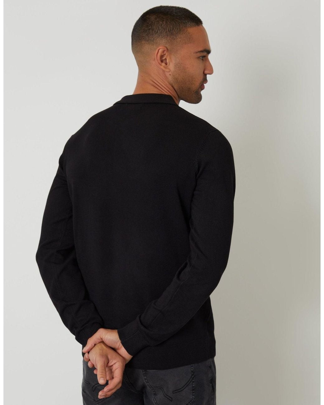 Threadbare Black Knitted Long Sleeve Polo Jumper for men