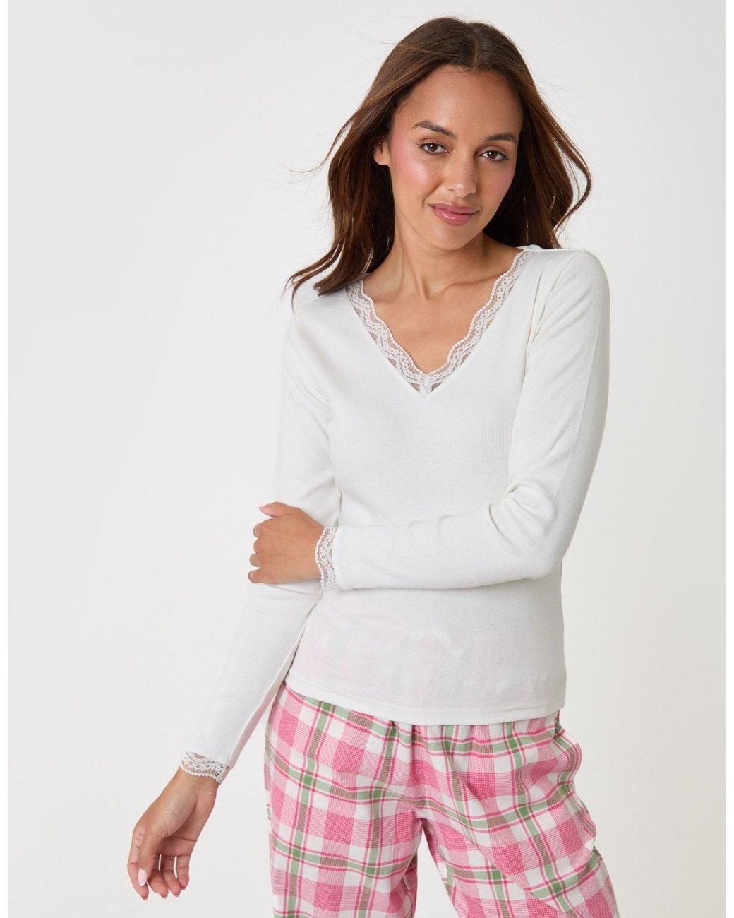 Threadbare White Cotton Top & Flannel Trousers Pyjama Set