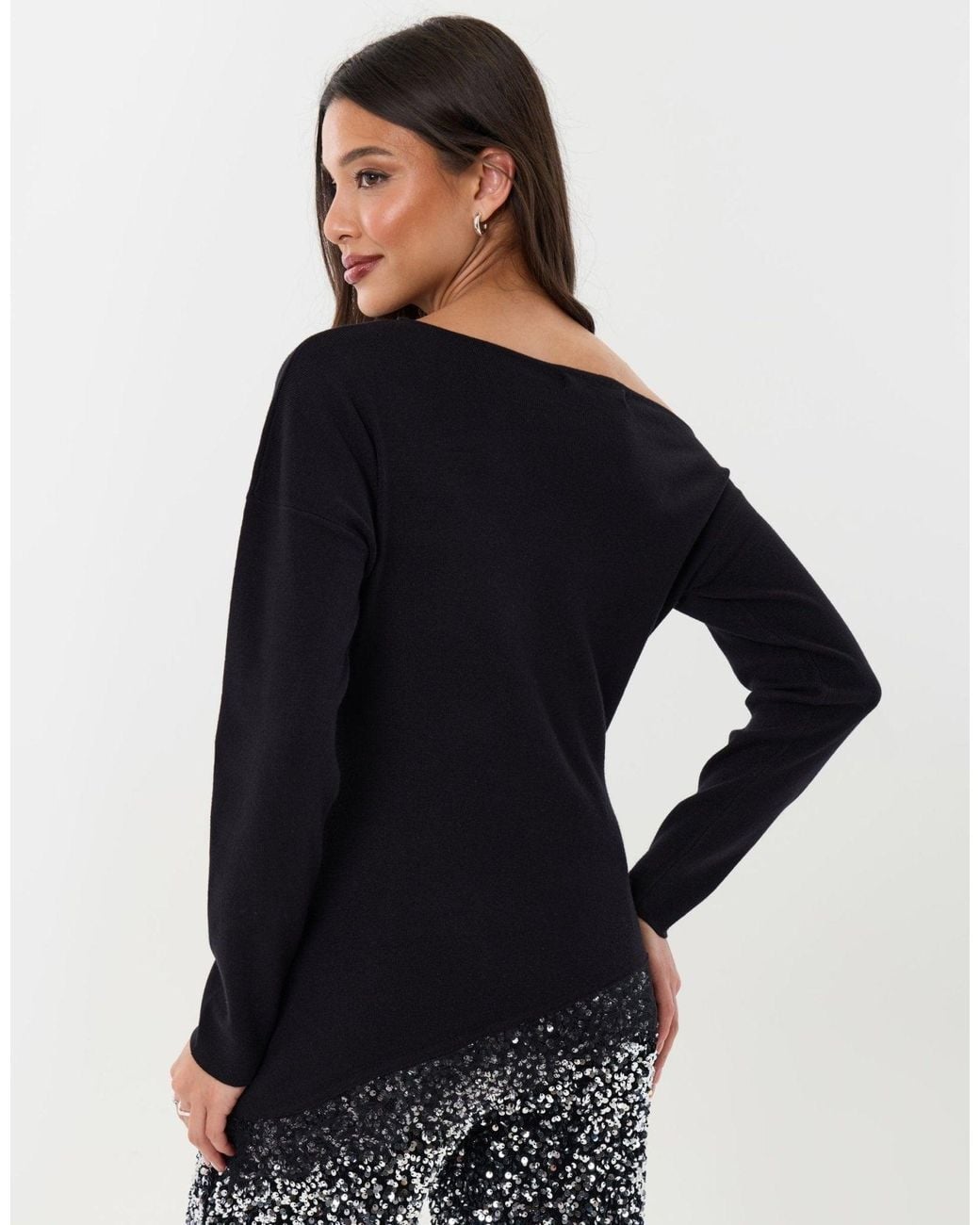 Threadbare Black Lace Hem Slash Neck Jumper