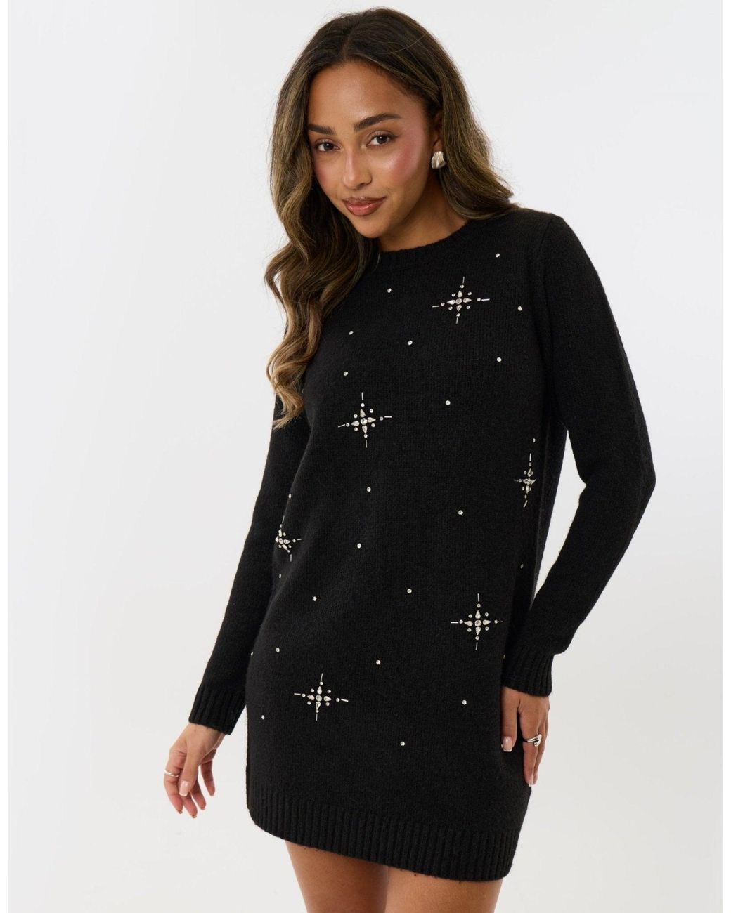 Threadbare Black Petite Star Embellished Knitted Mini Dress