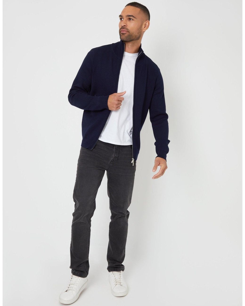 Threadbare Blue Zip-Through Funnel Neck Knitted Cardigan for men