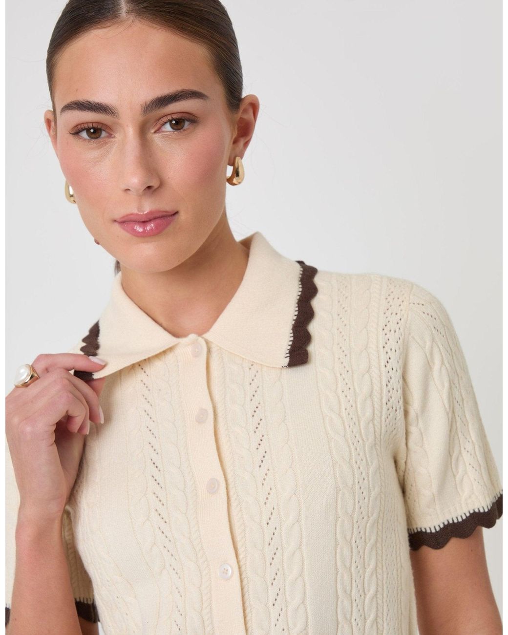 Threadbare Natural Cable Knit Scallop Trim Polo