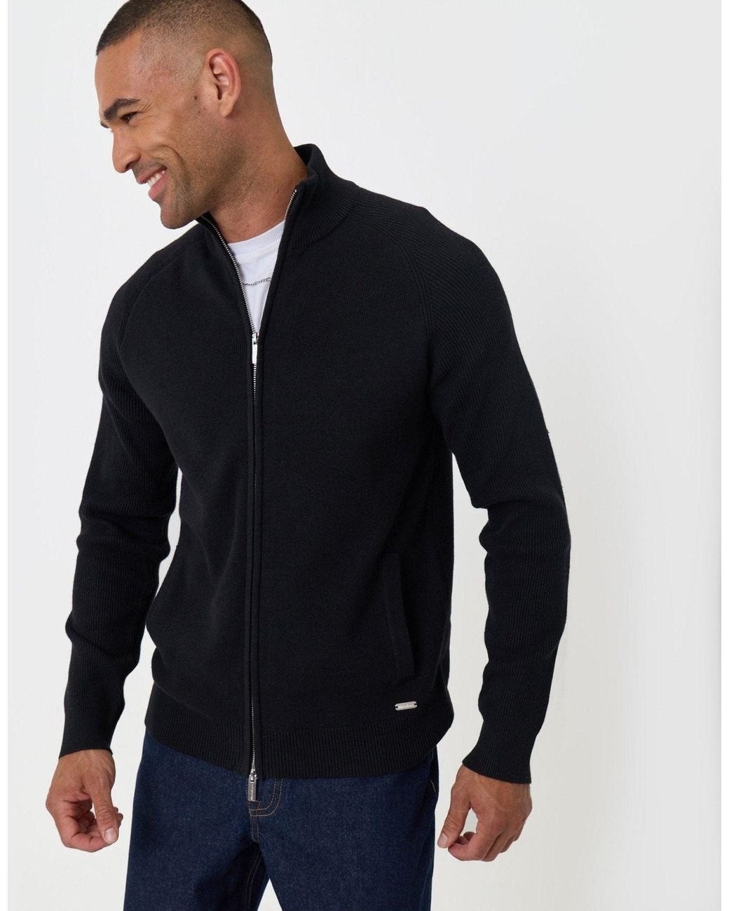 Threadbare Blue Knitted Zip Up Funnel Neck Cardigan for men