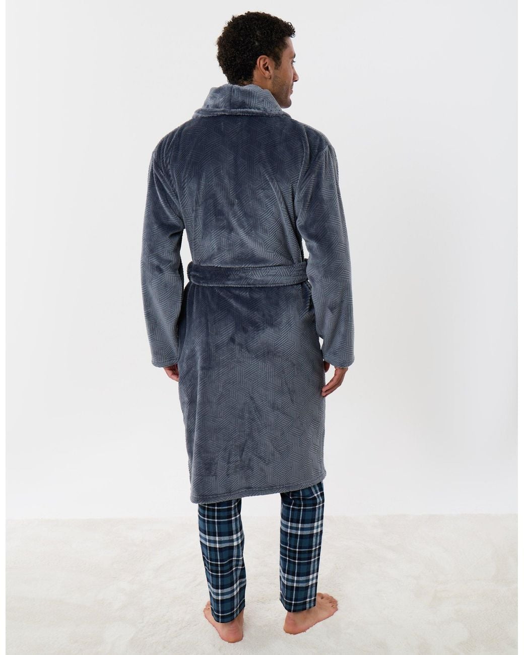 Threadbare Blue Textured Fleece Dressing Gown for men