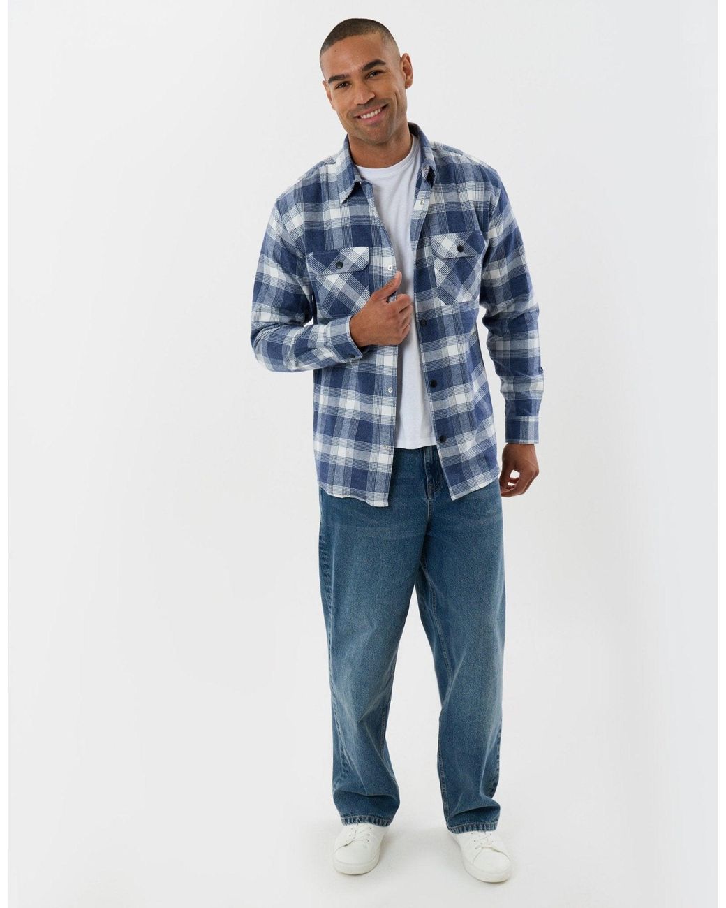 Threadbare Blue Relaxed Fit Cotton Patch Pocket Shirt for men
