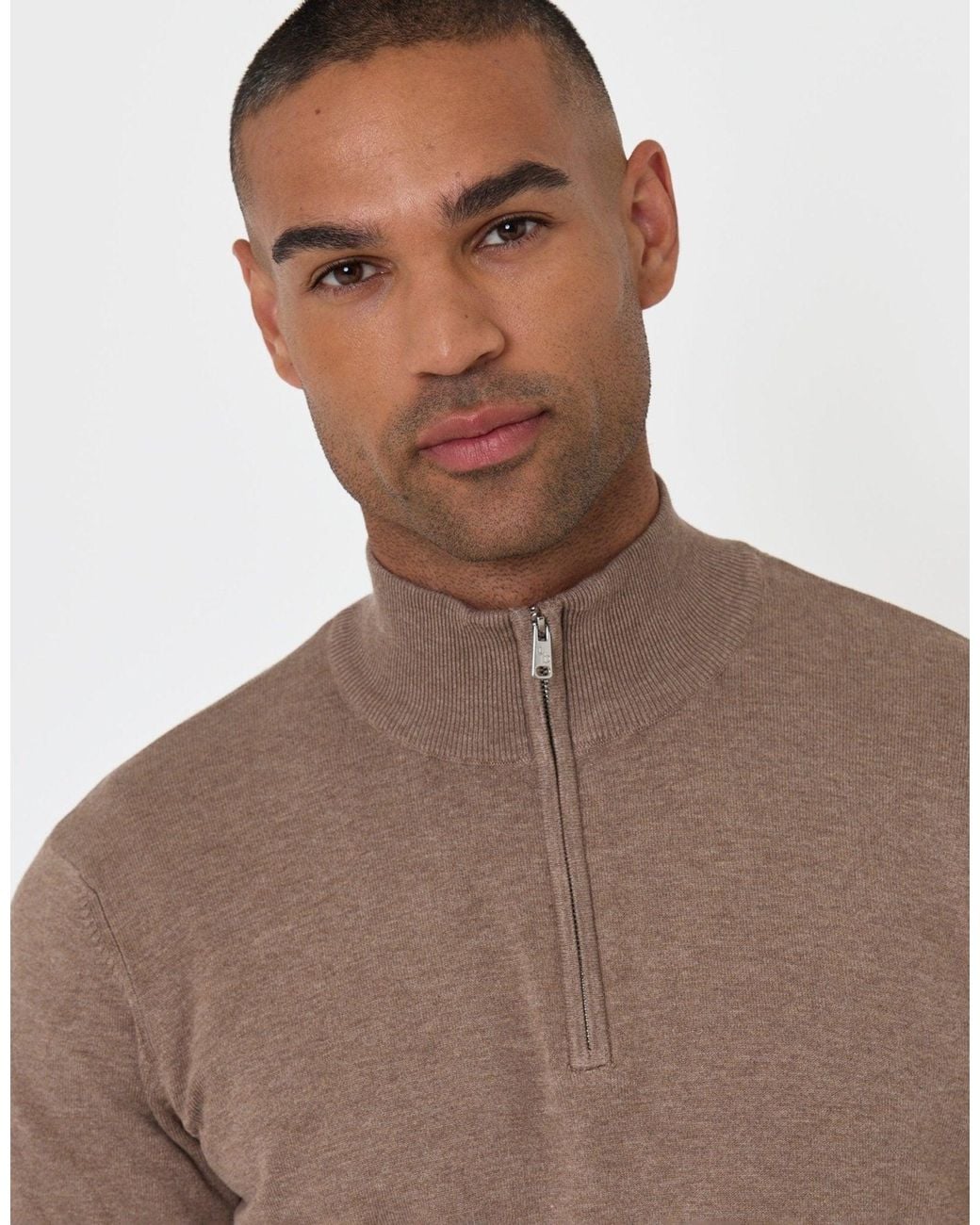 Threadbare Brown Funnel Neck Quarter Zip Knitted Jumper for men