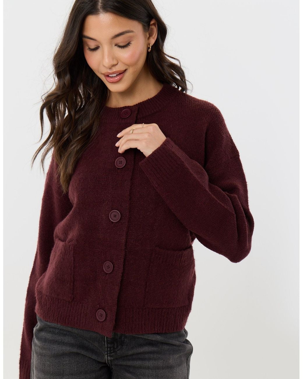 Threadbare Red Pocket Detail Crew Neck Cardigan