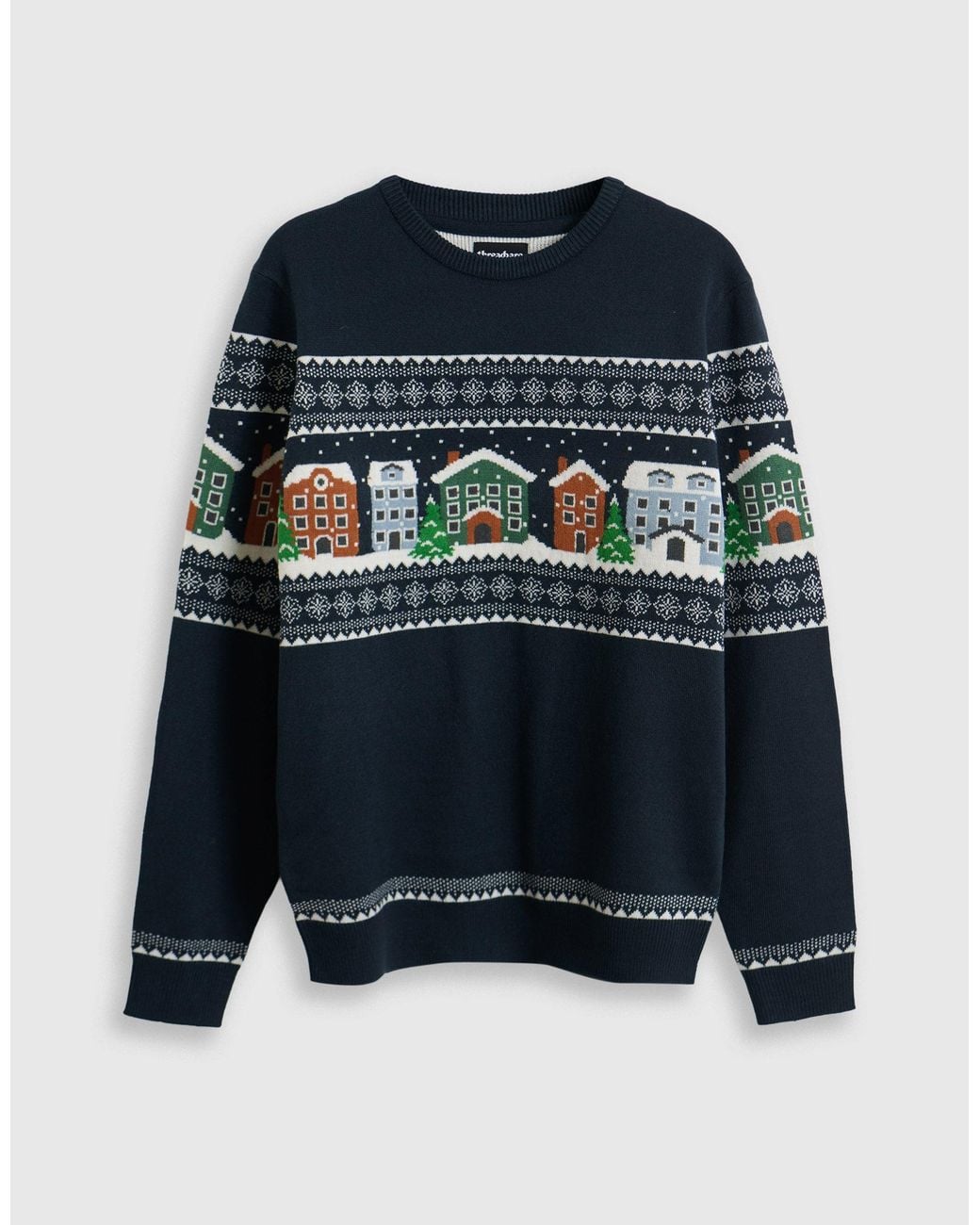 Threadbare Blue Snowy Rooftops Fairisle Christmas Jumper for men