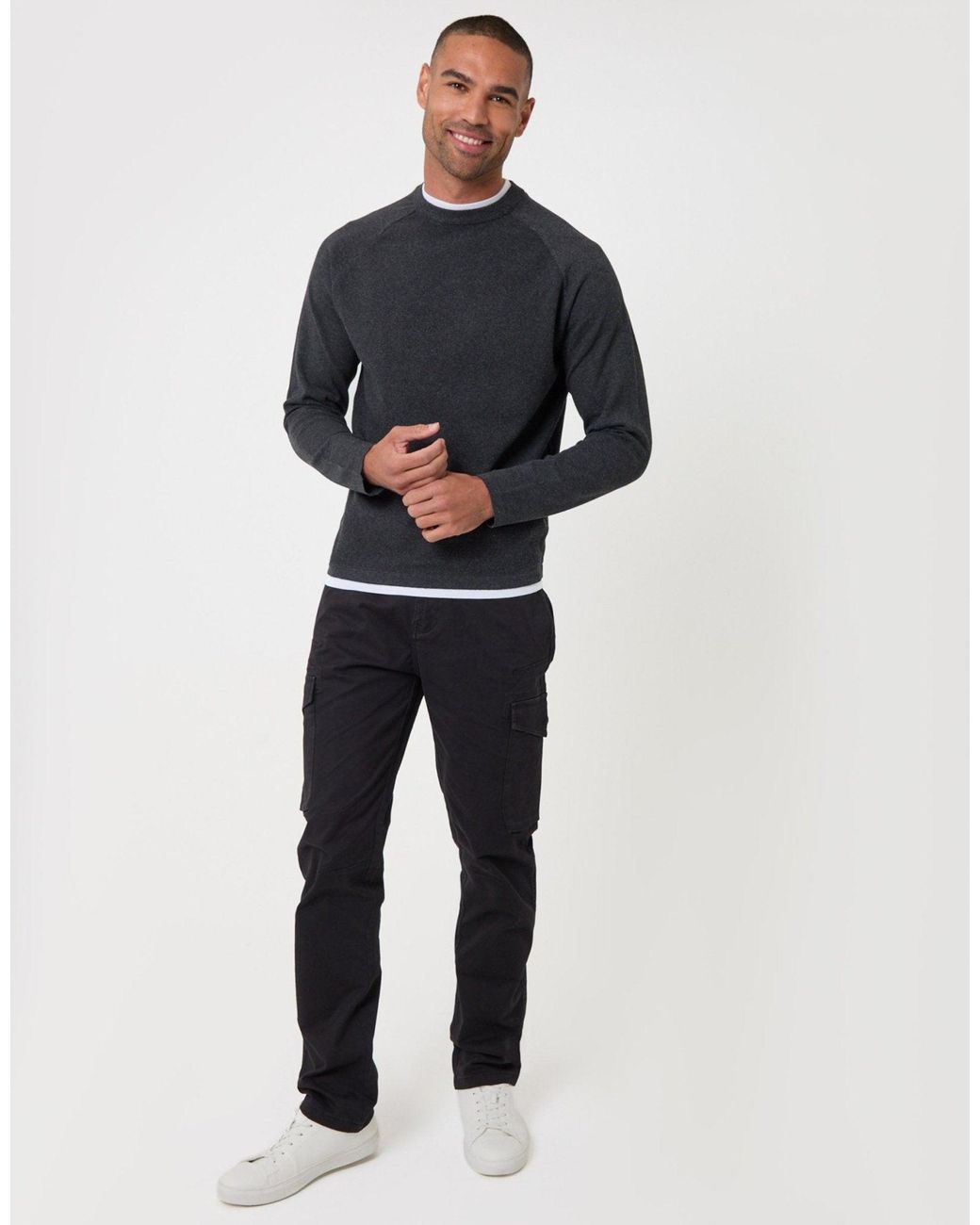 Threadbare Blue Mock Tee Textured Knit Crew Neck Jumper for men