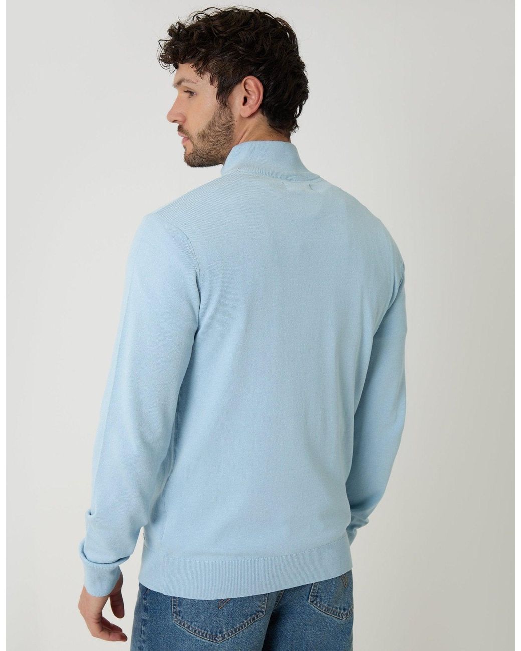 Threadbare Blue Funnel Neck Quarter Zip Knitted Jumper for men