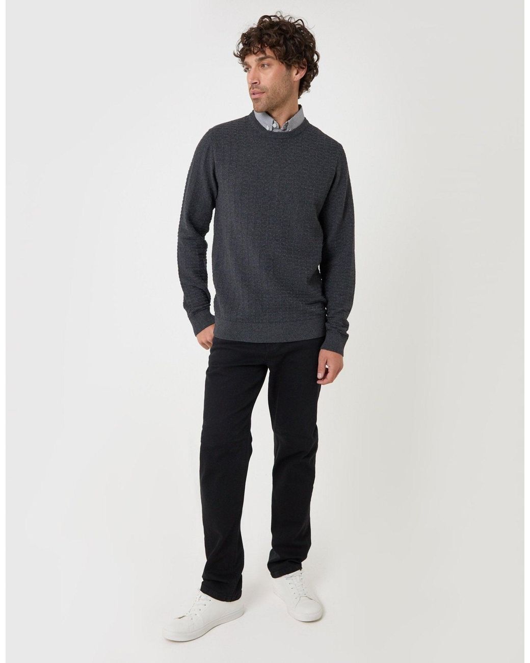 Threadbare Gray Cotton Rich Mock Shirt Crew Neck Jumper for men