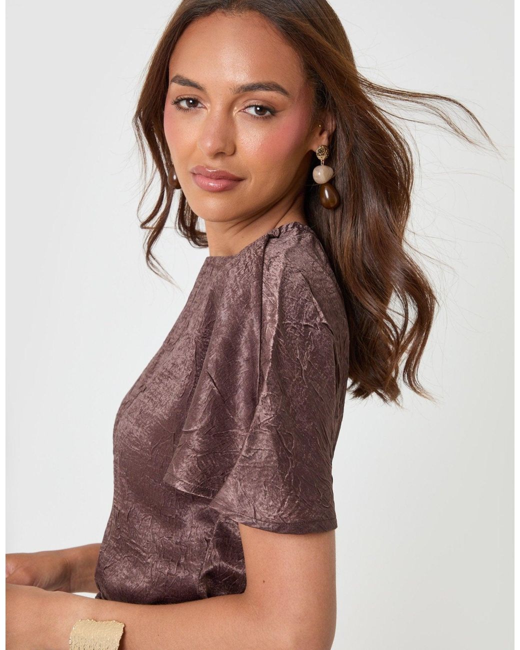 Threadbare Brown Crinkle Satin Batwing Top