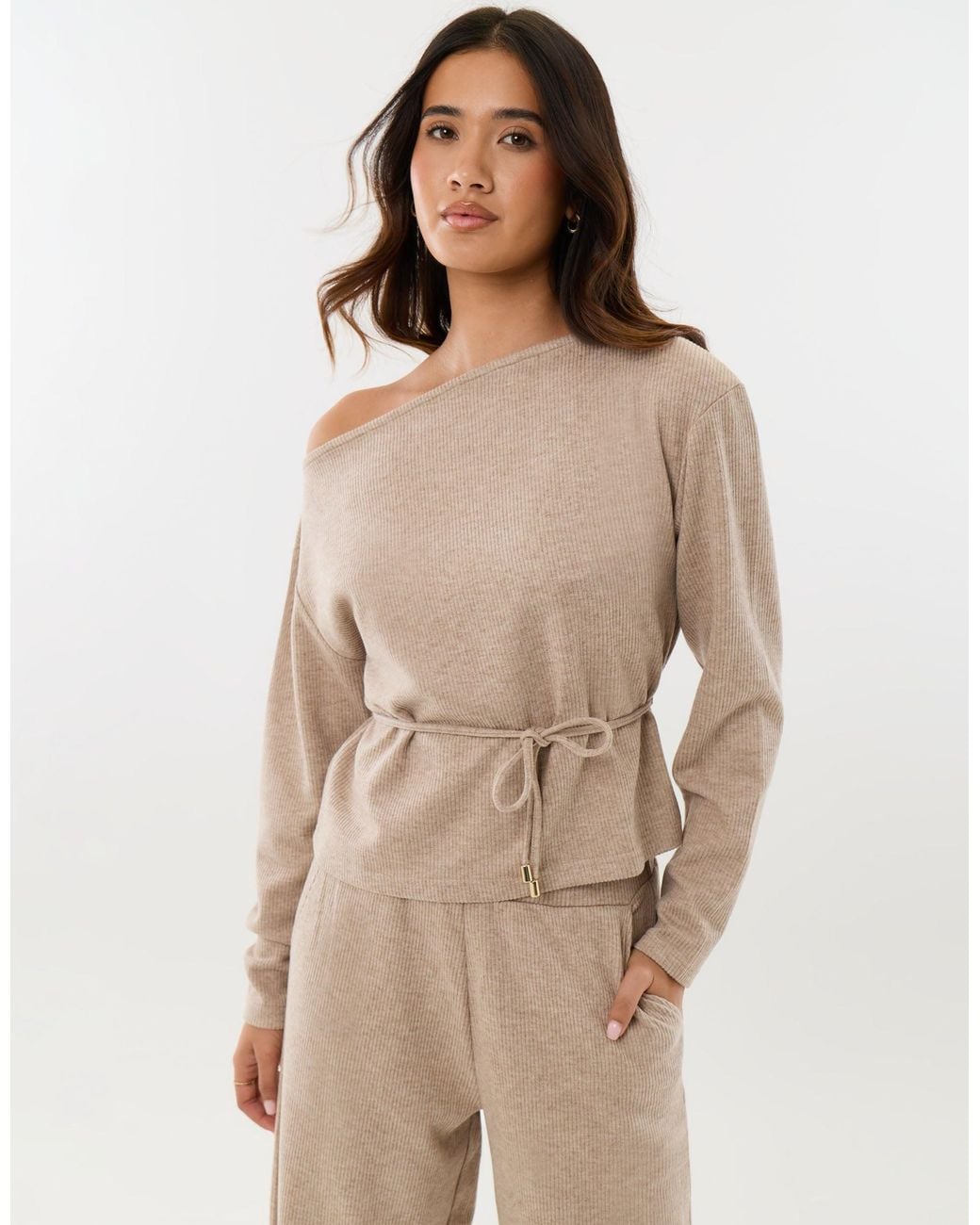 Threadbare Natural Ribbed Slash Neck Top & Wide Leg Trousers Co-Ord