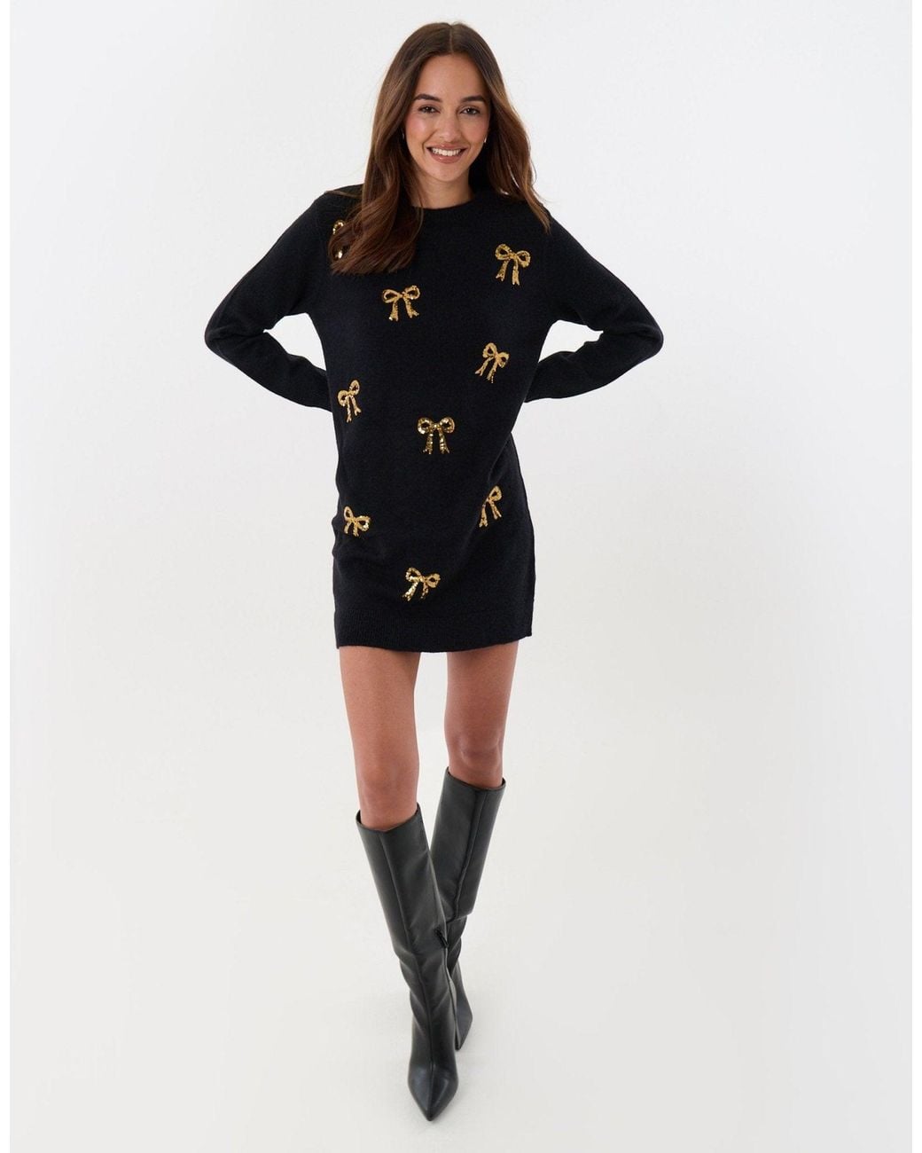 Threadbare Black Bow Embellished Knitted Mini Dress