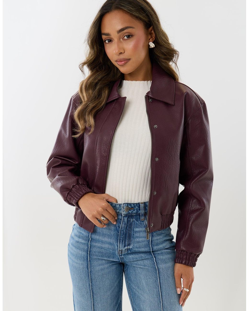 Threadbare Purple Faux Leather Collared Bomber Jacket